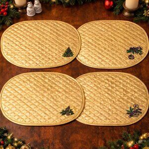 VINTAGE Quilted Embroidered Placemats Set of Four | Purple, Green | Gold w Trim